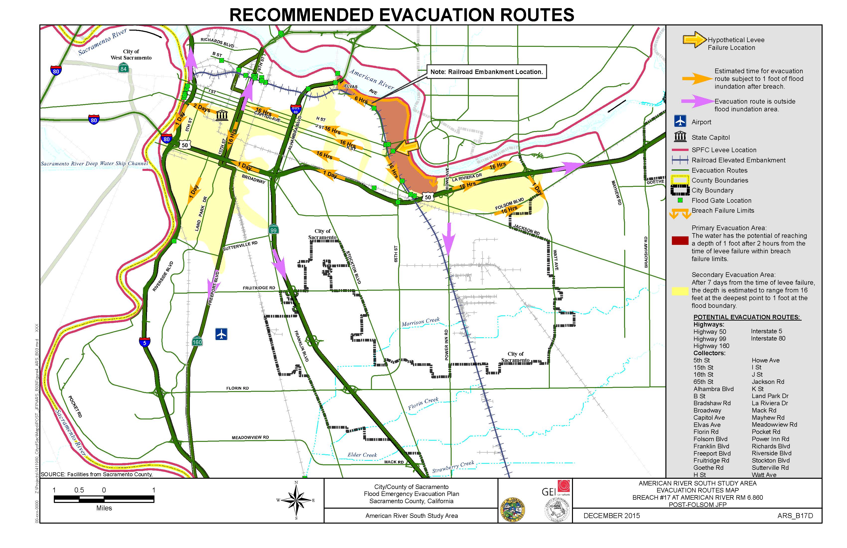 This map highlights the possible evacuation routes if there is a breach.